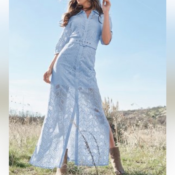 Venus Light Blue Chevron Overlay Belted Shirt Dress Women country lace - Picture 3 of 14